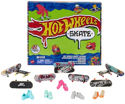 Hot Wheels Skate-Fingerboards 10er-Pack, Set aus 10 Finger-Skateboards mit 5 Paar abnehmbaren Skateboard-Schuhen im Hot Wheels Design, HTP59