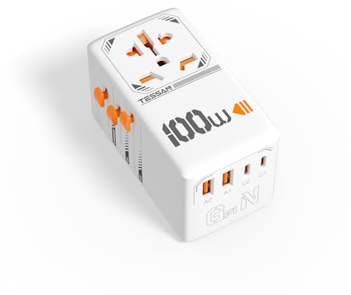 TESSAN 100W GaN Reiseadapter Weltweit, Schnellladung Adapter, Reisestecker Weltweit mit 2 USB C, 2 USB A, Travel Adapter für EU US UK Italien Japan Thailand Australien Kanada