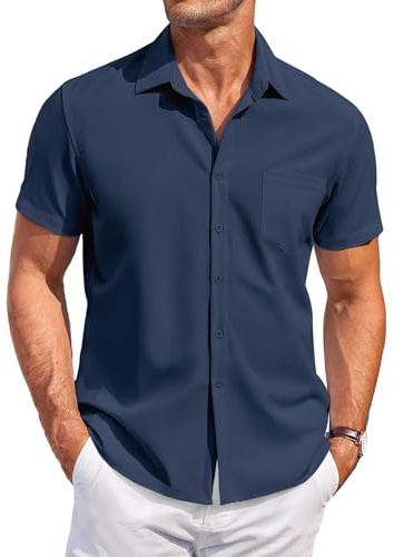 COOFANDY Hemd Herren Kurzarm Sommer Strandhemd Kurzarmhemd Regular Fit Freizeithemden mit Tasche Dunkelblau XXL