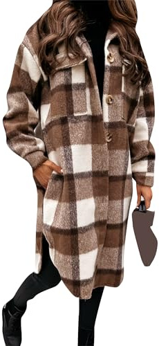 Yming Frauen Lange Revers Vintage Jacke Plus Größe Tartan Mit Tasche Jacke