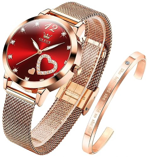 OLEVS Damenuhr Roségold mit Herz Diamant Quarz Uhr Damen Wasserdicht Gürtel Armreif Set Geschenk zum Valentinstag
