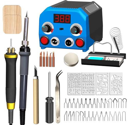 Doppelstift Brandmalerei Brennpeter für holz mit Digitalanzeig mit 2 Stiften und 30 Tlg Drahtspitzen, 110W Brandmalerei und Lötkolben set, Holzbrenner Brennkolben Brandmalgeräte 100-700°C