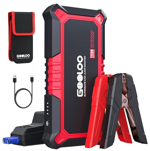 GOOLOO GP2000 Starthilfe Powerbank für Pkw, 2000A Supersafe Auto Starthilfe Powerbank für 12V (Bis zu 8.0L Benzin & 6.0L Diesel), Booster Autobatterie mit USB-Schnellladung, Starthilfekabel und LED