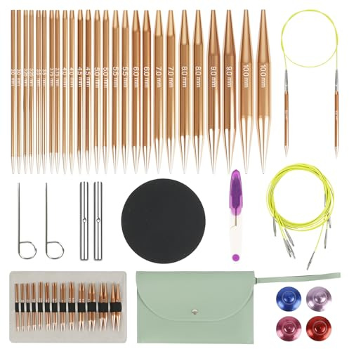 Rundstricknadeln Set Austauschbar, 13 Paar Rundstricknadeln mit Tasche und Zubehör, 13 Nadeldurchmesser 3–10 mm, 4 Längen Verstellbar 40–100 cm, Aluminium Häkelnadel Set (Champagnerfarbe)