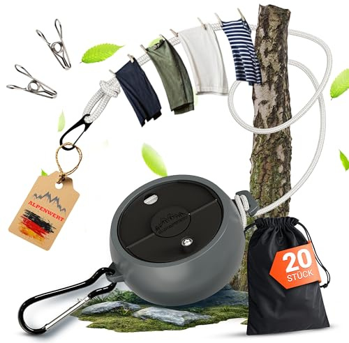 ALPENWERT® ROBUSTE Wäscheleine ausziehbar [10m Reise- & Camping Wäscheleine] inkl. 20 Edelstahl Klammern - für Wohnmobil, Vanlife & Backpacking