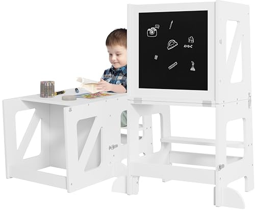 WOLTU Lernturm 3 in 1, Tritthocker Kinderhocker Kindertisch Tafel, Lernturm für Kinder, Küchenhelfer mit Rausfallschutz, faltbar, ab 3 Jahr, Weiß
