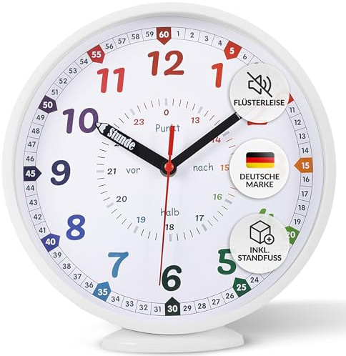 LATENO - Wanduhr Kinder Weiß - zum Aufstellen oder Aufhängen - 25 cm - Analoge Kinderwanduhr für Jungen & Mädchen - Lernuhr Kinder ohne Tickgeräusche - Wanduhr Kinderzimmer lautlos - Uhr Kinderzimmer