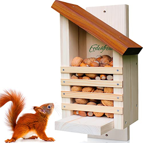 ERDENFREUND® Eichhörnchen Futterhaus ohne scharfes Glas & Genickbruch-Klappe 100% sicher wetterfest handverschraubt in Deutschland Eichhörnchen Haus