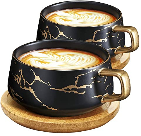 VETIN Cappuccino Tassen 2 x 300 ml, Kaffeetassen mit Unterteller | Modern Kaffeebecher aus Dickwandigem Steingut, Hält Lange Warm, Stapelbares Design & Spülmaschinenfest, Schwarz