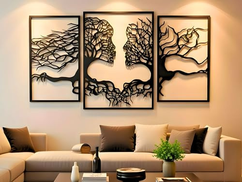 VAILLA Wanddeko 3D aus Holz XXL Wandbild Wohnzimmer & Schlafzimmer, Moderne Holzbilder Schwarze Wand Deko, Home Wall Art Dekoration Lebensbaum Motiv (Gesichter 2)