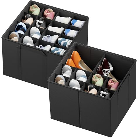 SpaceAid Schuh-Organizer für Schrank, 2 Stück, faltbare Schuhaufbewahrungsbehälter, Körbe, Boxen mit verstellbaren Trennwänden, passend für 16–32 Paar, Schwarz