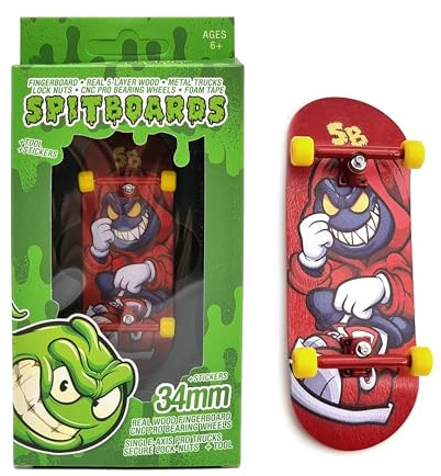 SPITBOARDS 34mm x 96mm Pro Fingerboard Set-Up (Complete) | Real Wood Deck | Pro Trucks with Lock-Nuts and Pro Bushings | Polyurethane Pro Wheels with Bearings | Red Hoody
