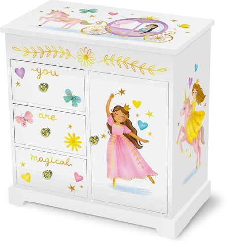Giggle & Honey® Schmuckkästchen Mädchen Musik Box & Prinzessin | Große Prinzessinnen-Spieluhr mit 3 Schubladen & Tür, Schmuckschatulle Kinder, Geschenk Mädchen 6 Jahre, Spielzeug ab 3 Jahre