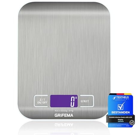 GRIFEMA Digitale Küchenwaage (Hochpräzise 1g-5000g), Feinwaage mit LCD Display und 2 Batterien, Waage Küchenwaage Abstellautomatik und Tara, Digitalwaage mit 6 Maßeinheit, Briefwaage Edelstahl