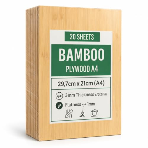 Bambus Sperrholzplatten A4 3mm – 20 Stück Laserholz für Laser Cutter, Gravur, CNC & Laubsäge (29,7×21 cm). DIY and Malerei, Geschenk