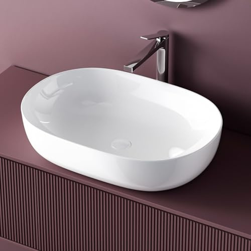 EMKE Waschbecken – Aufsatzwaschbecken Oval, 60 x 41 x 13 cm, Weiß, Kratzfest Waschbecken Bad, Leicht zu Installieren & Reinigen, Waschtisch für Bad & Gäste-WC