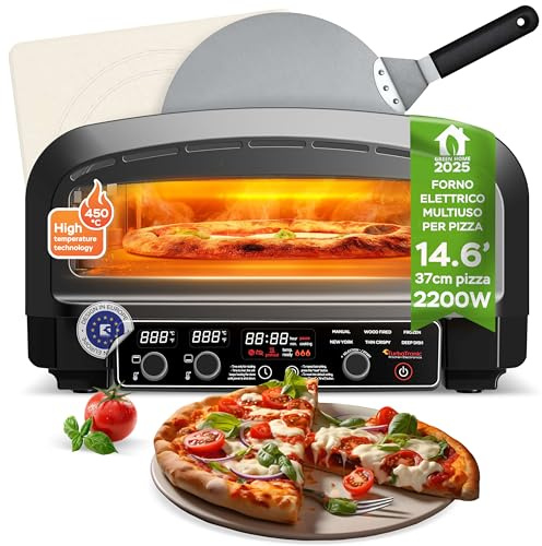 Elektrischer Pizzaofen bis 450°C für 37cm (14,6) große Pizza New York mit Pizzastein Indoor/Outdoor 2200W Garten für Zuhause kleine Back Ofen Tisch Flammkuchen mobiler inkl. Pizzaschieber