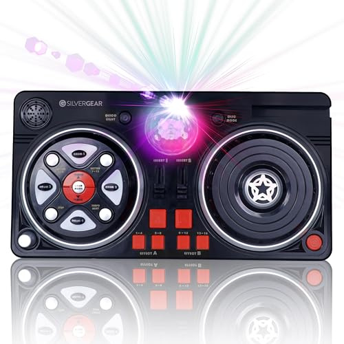 Silvergear® DJ-Set für Kinder | DJ Pult für Anfänger mit Discokugel | 46 Soundeffekte | AUX-Kabel für Eigene Musik | Tragbares DJ Equipment | Batteriebetrieben | 39.3 x20.5x6.4 cm | Schw