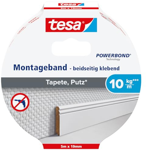 tesa Montageband Tapete&Putz, 10 kg Haltekraft pro Meter - starkes, doppelseitiges Montageklebeband zur Befestigung auf Gips und Tapeten - 5 m x 19 mm