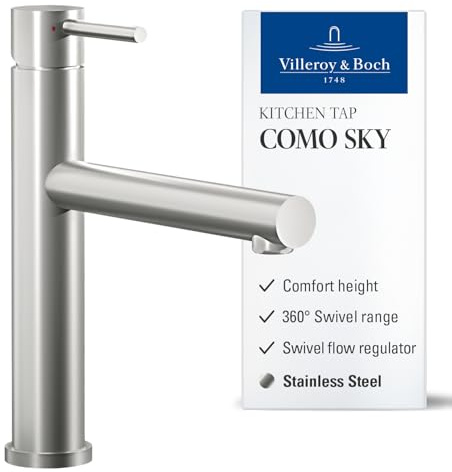 Villeroy & Boch Como Sky Hochdruck-Küchenarmatur mit Keramikkartusche, Strahlegler mit 360° Schwenkbereich, 153 mm Auslaufhöhe, Edelstahl massiv