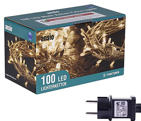 ANSIO® LED Lichterkette 10m mit 100 Warmweißen LEDs – Strombetrieben für Innen & Außen, Perfekt für Weihnachtsbaum, Balkon, Fenster & Weihnachtsdeko – Klares Kabel