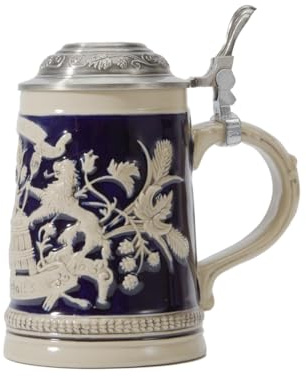 HAUCOZE Bierkrug Mit Zinndeckel Deutschland Bierseidel Steinkrug 0.6Liter | Keramik Bayernwappen Wikinger Oktoberfest Tassen, Bar Festival Dekor Geburtstag Geschenk für Männer Vater Ehemann