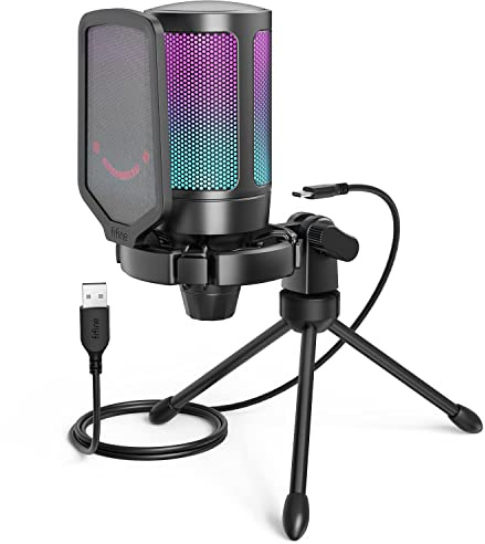 FIFINE Gaming Mikrofon PC, USB Microphone für Streaming Podcast Studio, mit Mikrofon Ständer und Stummschalttaste, für PS4 PS5 Mac