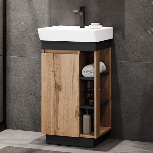Planetmöbel Nyx Badmöbel Set 2-teilig Waschtisch | Unterschrank, 45 x 85,9 x 42 cm Wotan Eiche/Anthrazit, Waschtisch, Bad-Armatur schwarz, Badezimmermöbel für Gäste-Bad, WC