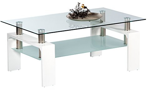 MANGO II Couchtisch Glas Hochglanz Weiß, Glastisch mit Ablageboden | 100 x 46 x 60 cm (B/H/T), Klarglas-Tischplatte, satinierter Ablageboden, Edelstahl-Gestell, Wohnzimmer, Sofatisch