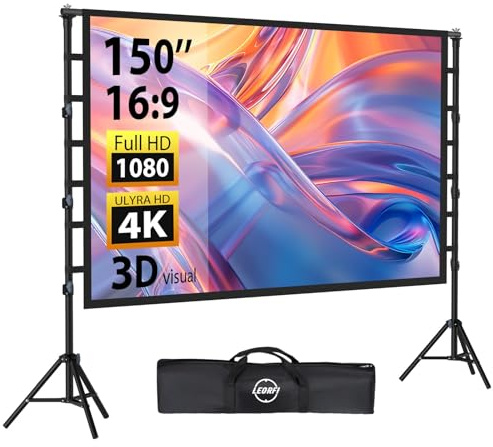 Beamer Leinwand mit Stativ 150 Zoll - LEORFI Projektor Leinwand Outdoor Tragbar, Indoor HD 16:9 Front Rück, Projektionswand mit Tragetasche, Höhenverstellbar, für Camping und Heimkino