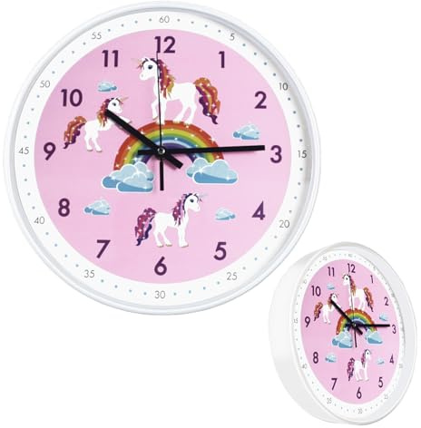 Coslife Wanduhr Kinder Einhorn -Für Mädchen Und Jungen - Bunte Lernuhr Für Kinder-Schule, Schlafzimmer,Klassenzimmer(Pink)