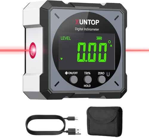 XUNTOP Digitaler Winkelmesser Neigungsmesser Laser Wasserwaage mit LCD Display, Type-C Schnittstelle IP54 Wasserdicht Magnetisch Nivellierbox Level Box für Holzarbeiten, Bau, Dekoration, DIY - Grau