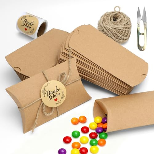 IIRC 50 Stück Kissenschachteln, 14,5 x 7cm Geschenkschachtel Klein mit Juteschnur, Doppelklebeband, Schere, Danke Aufkleber, Für Weihnachten Geburtstag Hochzeit