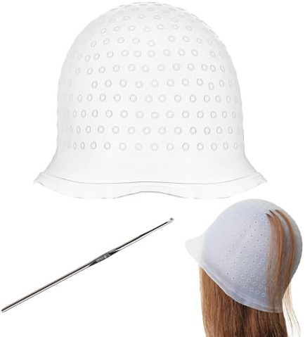 Silikon Highlight Kappe, Weiß Silikon Strähnchenhaube Set mit Nadel, Wiederverwendbar Salon Friseurkappe für Professional Salon und Haus Haarefärben