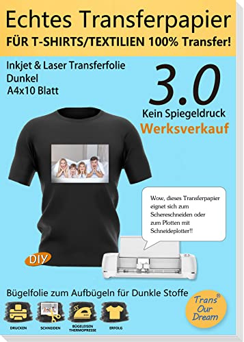 TransOurDream A4X10 (Weisse Folie)+1 A3 Silikonpapier,Echte Inkjet/Laser Transferfolie,Bügelfolie für Dunkle Textilien,T-Shirt Papier,Fotopapier für dunkle T-Shirts,Transferpapier