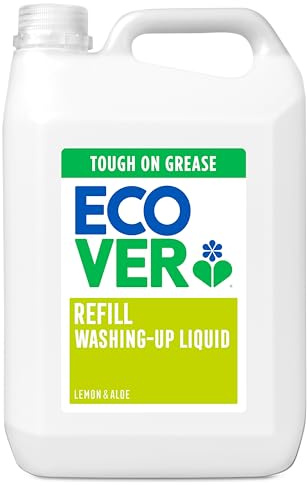 Ecover Hand‑Spülmittel Nachfüllpack, Geschirrspülmittel, stark gegen Fett und hartnäckigen Schmutz, frischer Zitrone und Aloe Vera Duft, 1 × 5 l