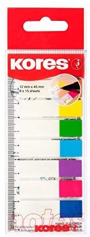 Kores 45121 - Transparente Register-Indexstreifen auf Lineal, Selbstklebende Seitenmarkierer und Dokumentkennzeichnung, Schul-,und Bürobedarf, 12 12 x 45 mm, Set aus 8 Sortierten Farben zu je 15 Blättern