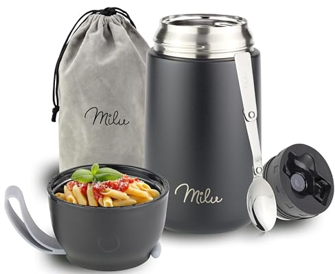Milu® Thermobehälter für Essen 800ml, Edelstahl Warmhaltebehälter mit Löffel, Thermobecher Essen, Thermo Lunchbox für Kinder, Erwachsene, Thermobox Suppen, Babybrei, Speisebehälter Schwarz, 800ml
