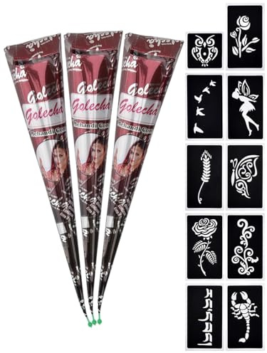 eLander 3x Temporäre Tattoo Natürliche + 10x Henna Schablone, Mehndi Tattoos, Kegel, Tätowierung (Braun)
