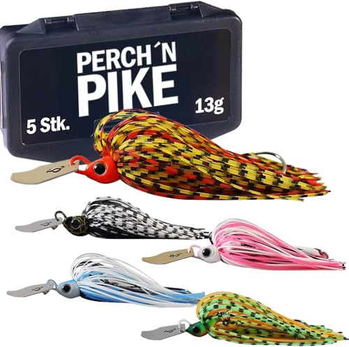 PERCH`N PIKE 5er Chatterbait Angelköder Set mit Box, 7g/13g/21g Kunstköder für Spinnfischen auf Hecht, Barsch und Zander, Hecht Köder Set inkl. Box für Raubfisch Angler