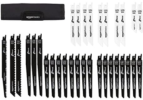 Amazon Basics Sägeblatt-Set für Säbelsägen, mit Aufbewahrungstasche, 32 Stück, Schwarz und Weiß