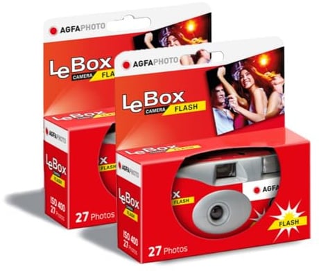 AGFA Photo 601020 LeBox Flash, Einwegkamera, 27 Fotos, optisches Objektiv 31 mm, Grau und Rot, 2er