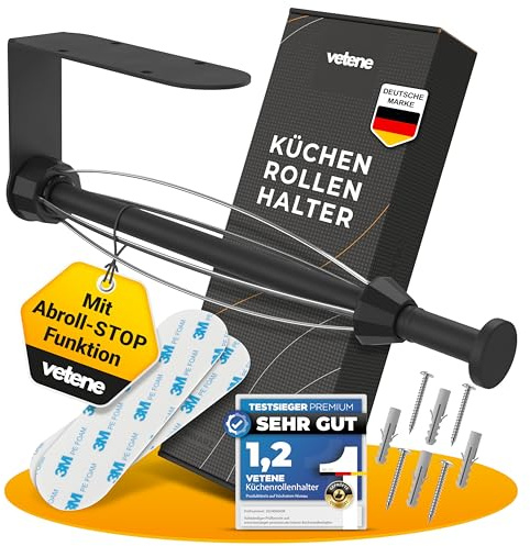 vetene Premium Küchenrollenhalter ohne Bohren mit Abroll-Stop | Schwarz | Zewa Rollenhalter ist selbstklebend ohne Bohren, rostfreier Edelstahl, einhändiges Abreißen durch Mechanik, robustes Material