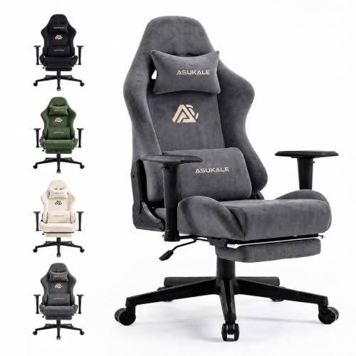 Asukale Gaming Stuhl | Wildlederimitat Bürostuhl Ergonomisch mit Fußstütze | 90°-175° Rückenlehne, Kopfstütze und Lendenwirbelstütze, 3D Armlehnen, Hohe Rückenlehne, 200kg Belastbarkeit, Grau