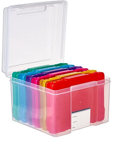 MATANA Foto-Aufbewahrungsbox Mehrfarbig (21,5 x 21,5 x 16,5cm) Foto Organizer mit 6 Fächern und Etiketten - Mehrzweck Fotobox für Bastelbedarf & Saatgut