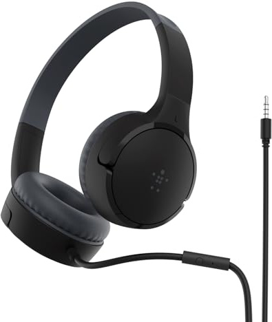 Belkin SoundForm Mini On-Ear-Kopfhörer mit Kabel für Kinder, Over-Ear-Headset mit integriertem Mikrofon für die Schule, für Reisen und zum Spielen, für Geräte mit 3,5-mm-Klinkenanschluss - Schwarz