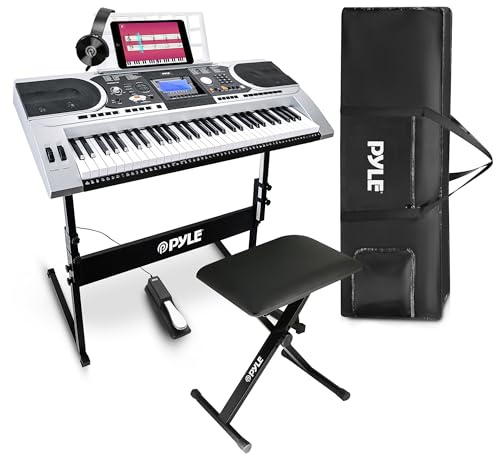 Pyle Keyboard für Anfänger, 61- Tasten E-Piano mit Pitch Bend & Vibrato, Inkl. Ständer, Hocker, Sustain-Pedal, Kopfhörer & Tragetasche, LCD- Display, Klavierlektionen für Kinder & Erwachsene