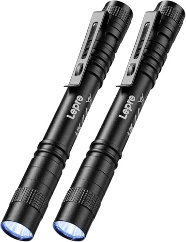 Lepro UV Taschenlampe, 365nm UV Lampe mit Clip, Batteriebetrieben Schwarzlicht Taschenlampe, Vielseitig & Tragbar Bernstein Lampe für Lecksuche, Haustierurin und Falschgeld-Erkennung (2 Stück)