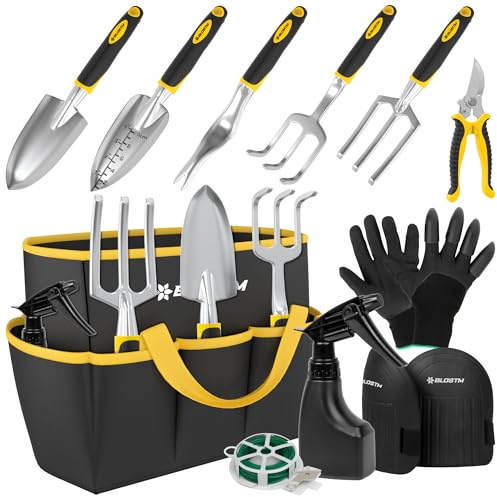 BLOSTM Gartenwerkzeug Set 11-teilig (Gelb) | Robustes Gartengeräte Set mit wasserdichter Tragetasche, rostfreies Gartenkellen Set mit ergonomischen Griffen