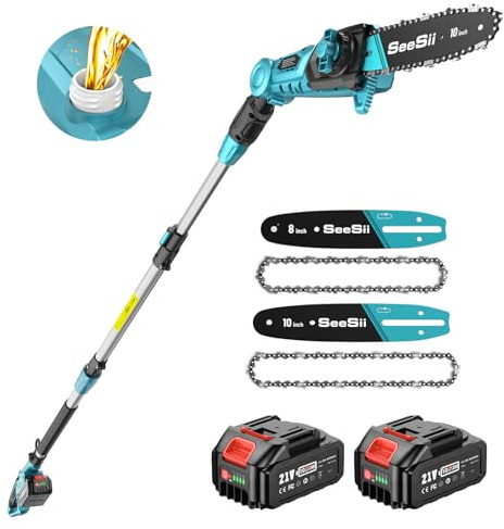 SEESII 8&10 Zoll Hochentaster mit 2 * 4000mAh Akku, Teleskop Kettensäge mit Verlängerungsstange und Gurt, Arbeitshöhe bis zu 4,57 m, Automatischem Öler, Ideal für Garten und Astschnitt